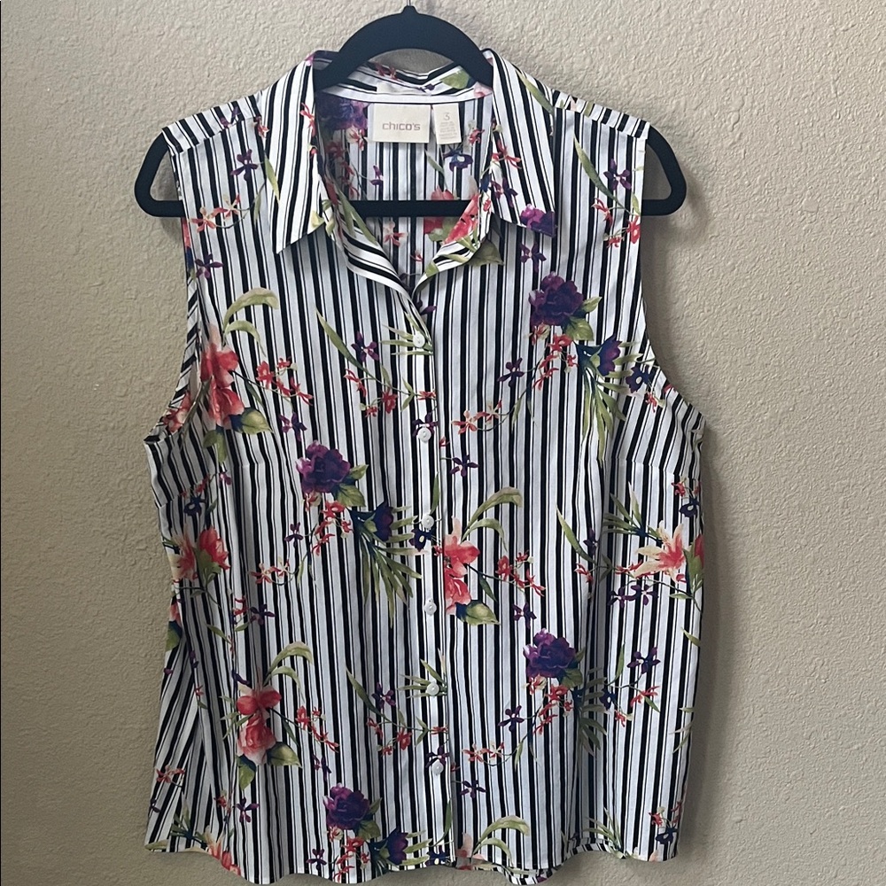 Chico's Floral Striped Sleeveless Blouse - Black, White, and Purple
